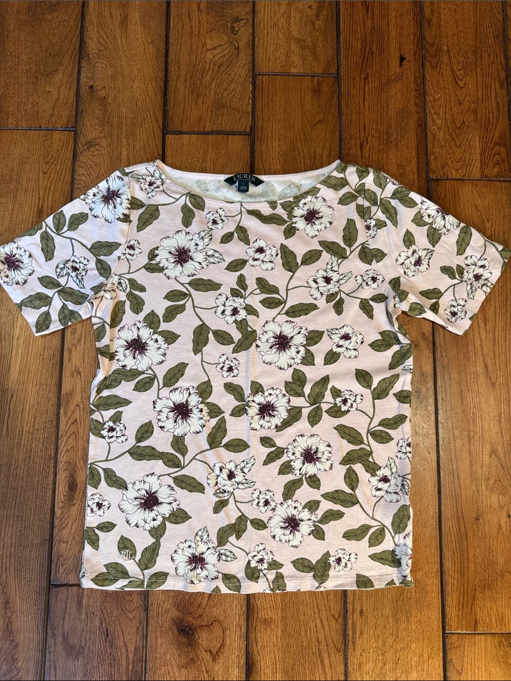 Lauren Ralph Lauren Cream Floral Short Sleeve Tee with Green Leaves